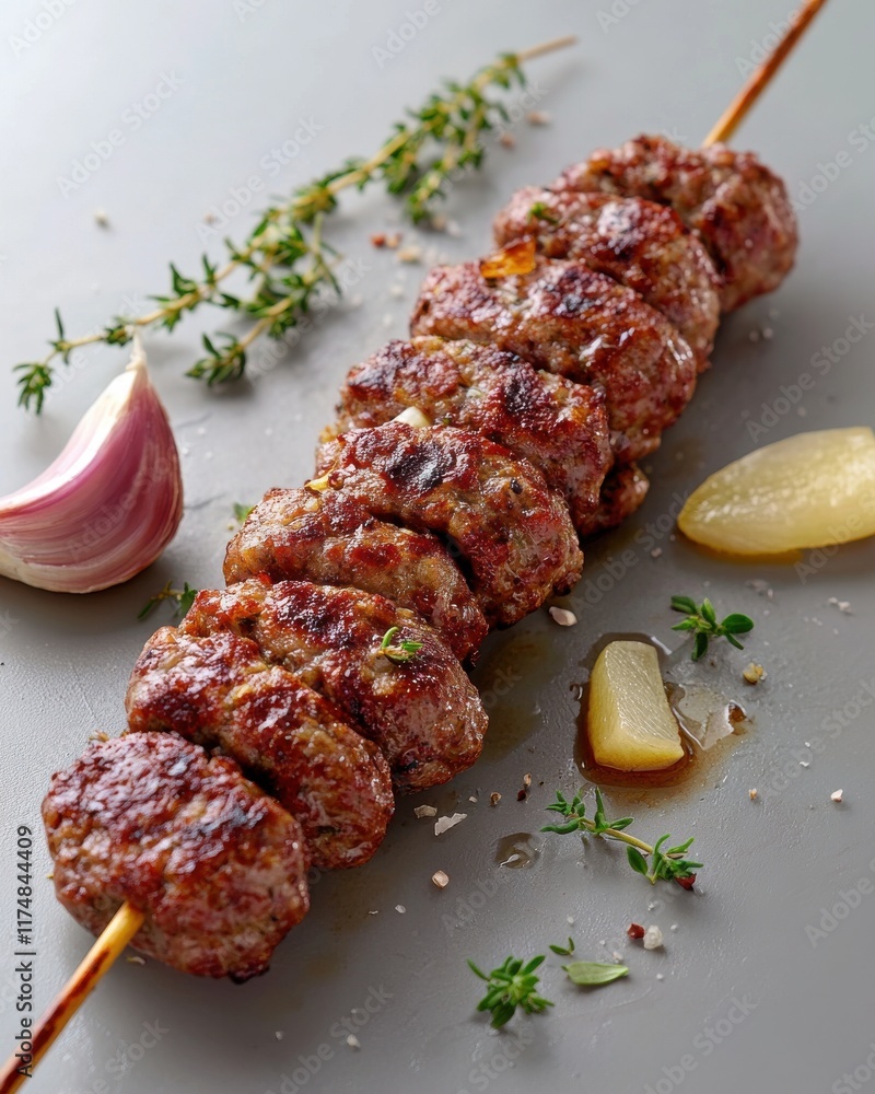 Wall mural Juicy grilled skewers of kebab on a neutral background, garnished with garlic and herbs.