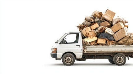 Overloaded Pickup Truck with Cardboard Boxes and Waste