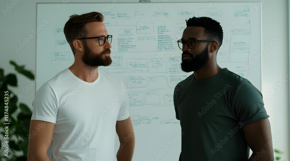 Aufkleber two men engaged in a conversation in an office setting, standing in front of a whiteboard filled wit