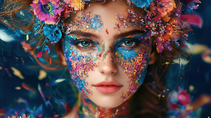 vibrant and artistic portrait of woman adorned with colorful flowers and intricate face paint, showcasing creativity and beauty
