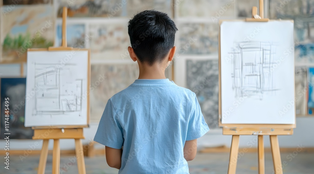 Poster a young boy stands in front of two easels displaying sketches, immersed in creativity and exploratio