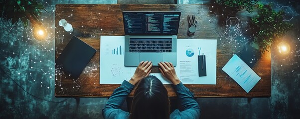 Business professional working with AI technology on a desk, digital transformation devices and creative tools for innovative ideas, top view