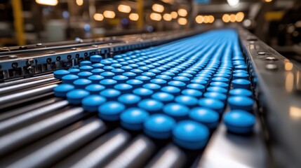 Obraz premium Blue pills on factory conveyor belt.