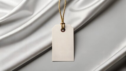 Elegant blank tag mockup with a gold rope, placed on smooth white satin fabric background, ideal for branding, product labels, or packaging design presentations.