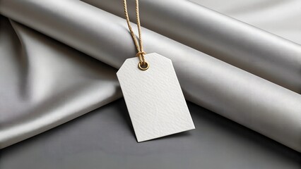 Stylish hanging tag mockup with a textured white paper tag and gold rope, displayed on luxurious satin fabric, ideal for branding, retail, or product design.