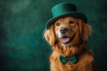 Happy dog celebrating St. Patrick's Day, close-up. A young dog in a leprechaun hat. St. Patrick's Day theme concept