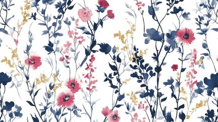 Watercolor Floral Pattern Navy Pink Gold Blooms