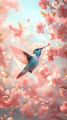 Fototapeta premium A hummingbird hovers delicately among vibrant pink blossoms in a soft, dreamy setting, creating an enchanting scene of nature's beauty.