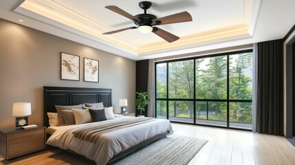 Modern Bedroom with Ceiling Fan and Nature View