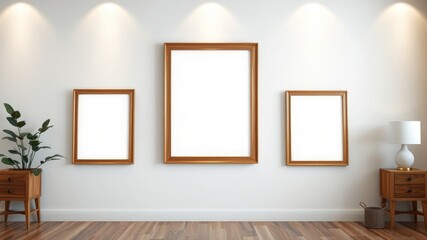 Modern minimalist interior design featuring three empty wooden frames on a white wall, beside a small wooden nightstand and a table lamp