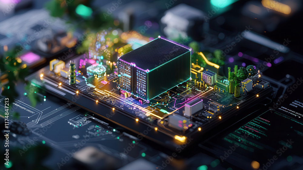 Poster vibrant digital circuit board with glowing components and intricate designs showcases advanced techn