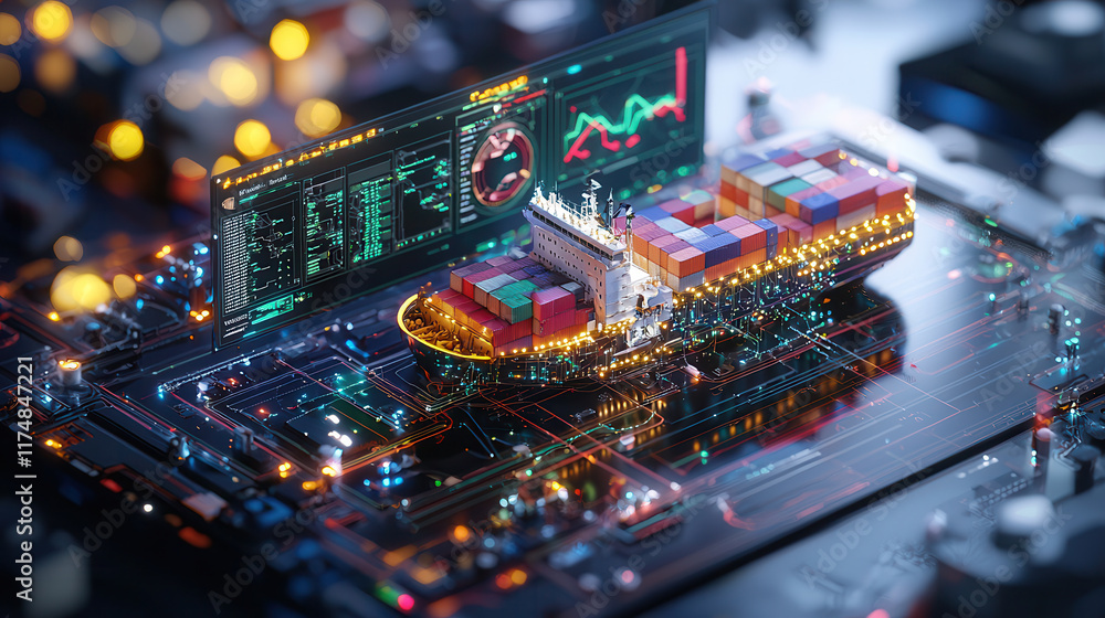 Poster digital logistics dashboard displaying cargo ship with containers, showcasing advanced technology an