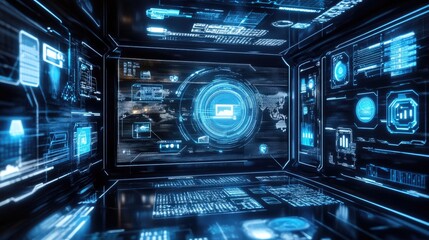 Obraz premium Futuristic Digital Interface Room Displays Data Analytics