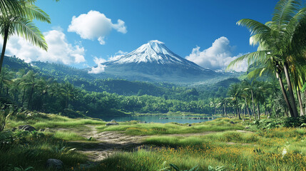 Fototapeta premium A serene landscape with a dormant volcano in the distance, its peak dusted with snow and surrounded by lush greenery under a clear blue sky.