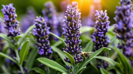 Obraz premium A stunning close-up of vibrant lavender flowers in full bloom, with a bee delicately perched on a leaf, basking in warm sunlight, surrounded by lush greenery.