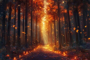 Enchanted Autumn Forest with Golden Light Filtering Through Vibrant Trees and Floating Leaves