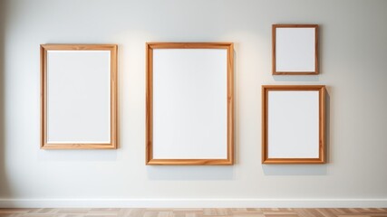 Empty wooden picture frames on a white wall in a gallery setting