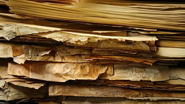 Layers of aged paper showcasing the texture and history of old documents in a dimly lit space
