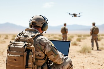Soldier with laptop controlling drone in desert setting, teammates observing in distance, military technology concept, Ai generative