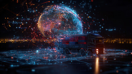 Obraz premium futuristic logistics hub with truck and drones delivering goods globally, showcasing advanced technology and connectivity