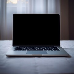 Fototapeta premium Laptop on Office Desk for Business and Technology: Computer in Blurred Workspace for Productivity