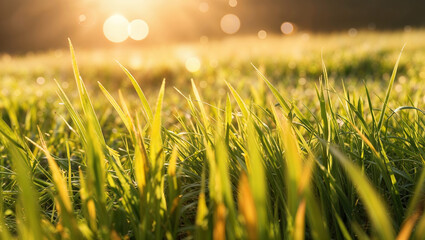 Fototapeta premium Sunlit grass blades with morning dew in a peaceful meadow setting