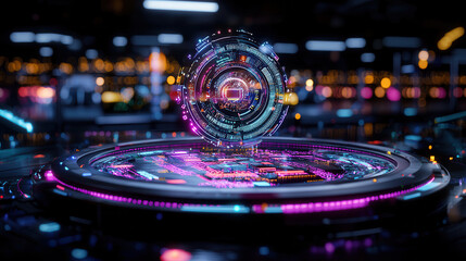 Futuristic digital interface with vibrant colors and intricate patterns, showcasing advanced technology and innovation