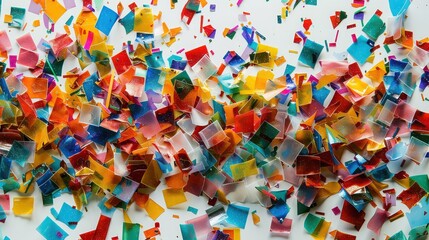 Colorful party confetti scattered on a white surface. 