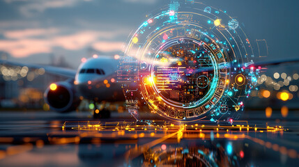 futuristic logistics software interface visualizing data for air travel management, showcasing technology and innovation in aviation