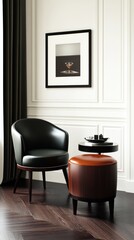 A modern classic living room interior featuring a framed artwork above a stylish black chair and a brown ottoman, with rich wood flooring and elegant curtains.
