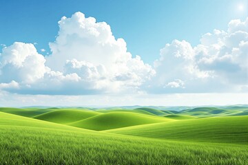 Obraz premium Vibrant green rolling hills illuminated by sunlight, beneath a bright blue sky with fluffy white clouds, symbolizing tranquility and nature's beauty. Ai generative