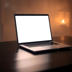 Fototapeta premium Laptop on Office Desk for Business and Technology: Computer in Blurred Workspace for Productivity