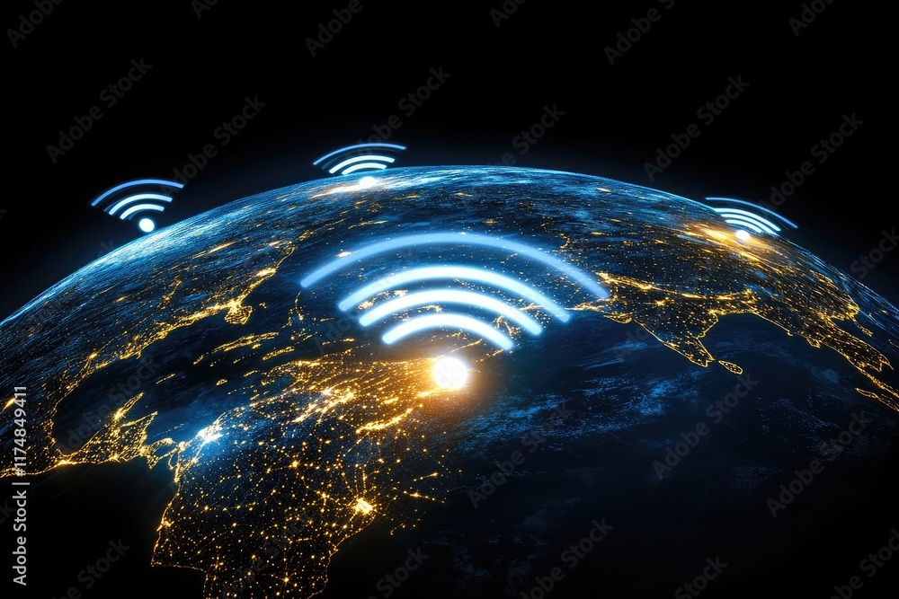 Poster global internet connectivity visuals with wi-fi icons representing seamless online access and advanc