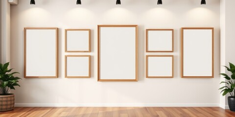 Fototapeta premium Minimalist interior design featuring a gallery wall of empty picture frames with natural wood tones and potted plants
