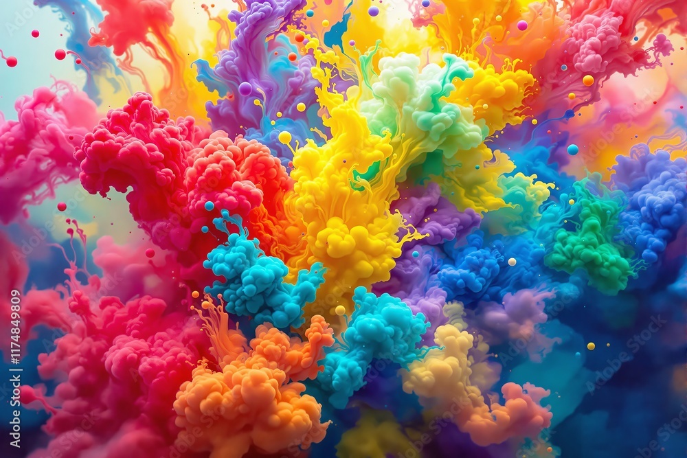Poster abstract colorful clouds in vibrant hues of red, blue, yellow, and green flowing and blending dynami