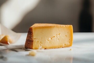 A close-up of a delicious wedge of aged cheese on a marble counter, showcasing its rich color and texture.