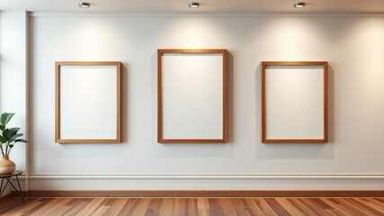 Empty wooden picture frames on a white wall in a room with hardwood floors and recessed lighting