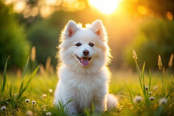 Fototapeta premium Adorable American Eskimo Puppy Playing in Sunny Meadow - Stock Photo