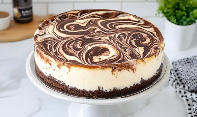 Wide-angle shot of a whole Cheesecake on a cake stand, Generative AI 