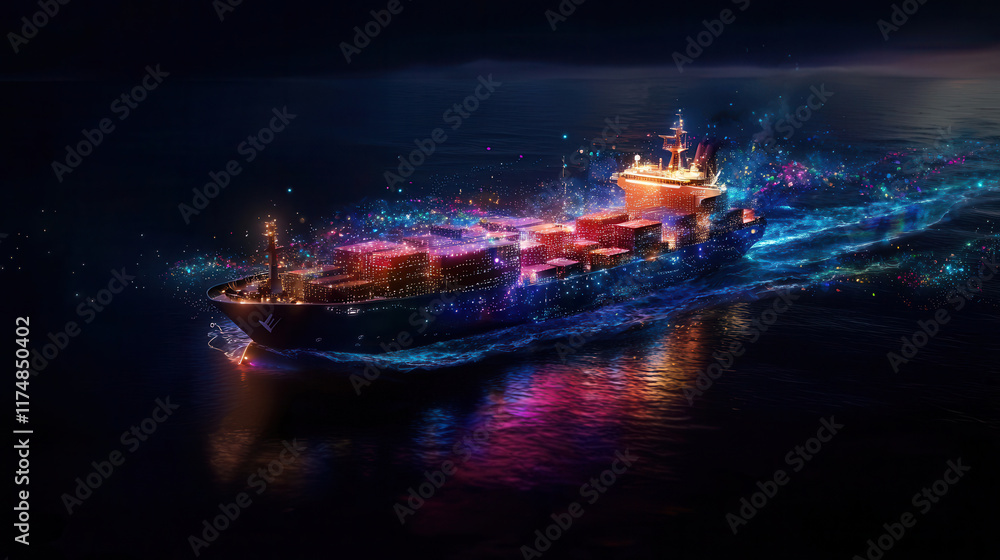 Poster smart cargo ship illuminated with colorful lights, showcasing automated logistics. vibrant display r