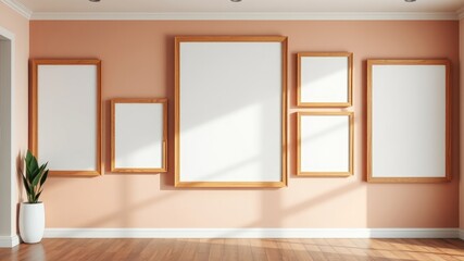 Fototapeta premium Sunlit Room with Blank Wooden Picture Frames for Artwork Display