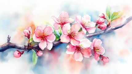Obraz premium Delicate Watercolor Painting Of Pink Blossoms On A Branch