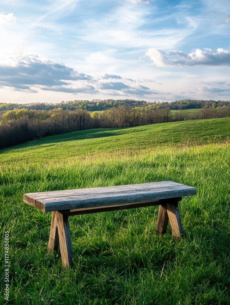 Wall mural Wooden bench in a field