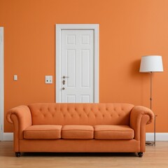 A living room sofa is positioned against an orange wall, with a white classic door in background
