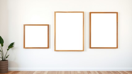 Empty wooden picture frames on a white wall with a plant
