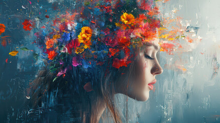 surreal image of woman with vibrant flowers as hair, showcasing beauty and creativity. colorful floral elements blend seamlessly with her profile