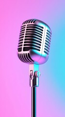 Fototapeta premium A professional vintage-style microphone stands against a vibrant pink and purple gradient background, exuding a retro and modern vibe.