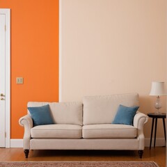A living room sofa is positioned against an orange wall, with a white classic door in background