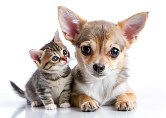 Obraz premium A miniature chihuahua puppy and kitten cuddle, isolated against a pristine white backdrop.