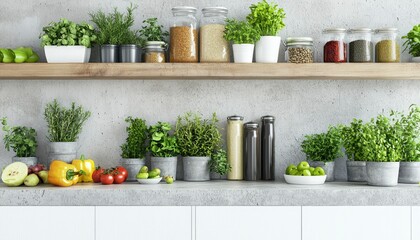 Modern Kitchen Shelves Displaying Herbs Spices and Produce